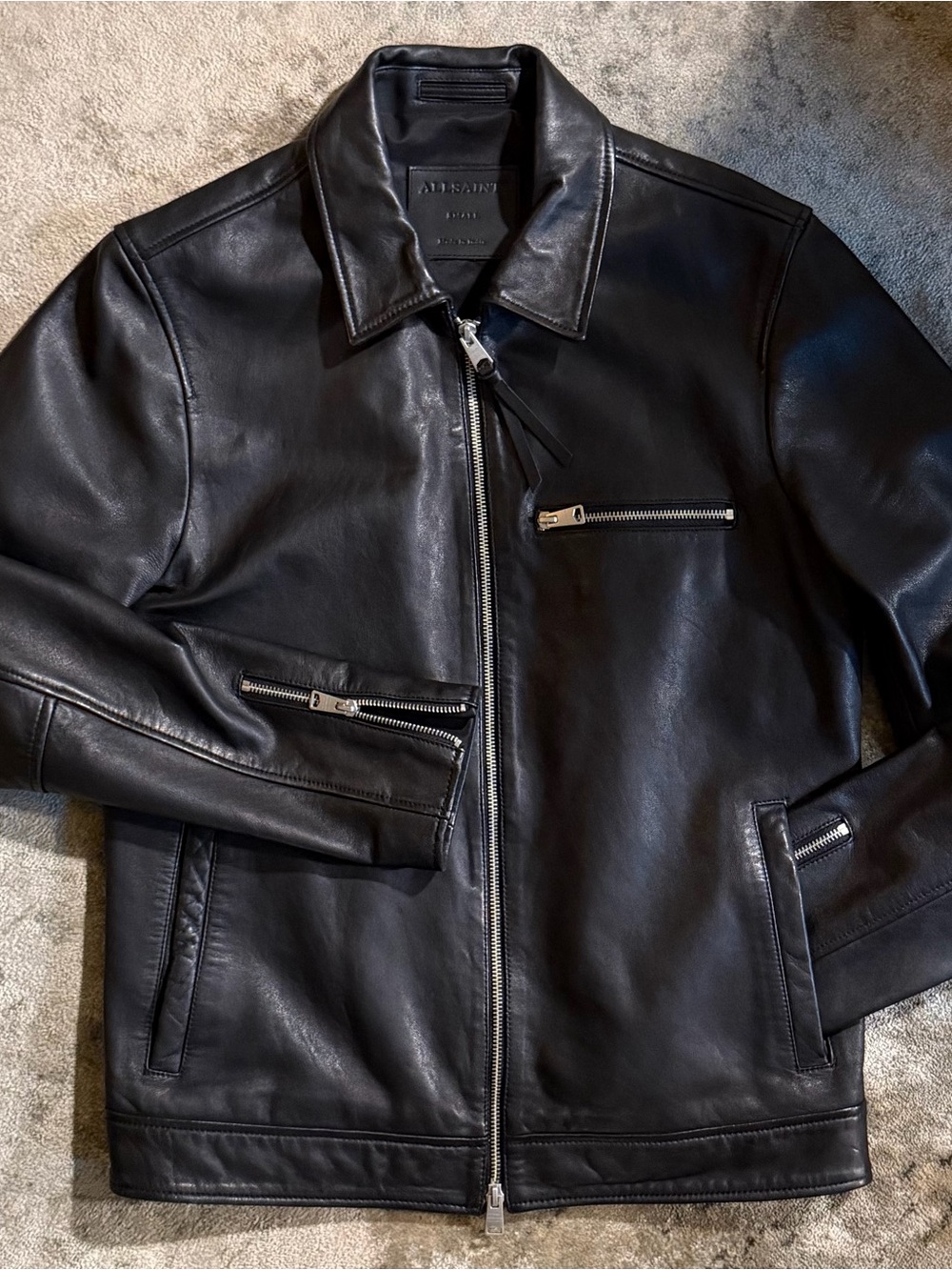 AllSaints Black Leather Bomber Jacket with Silver Zippers